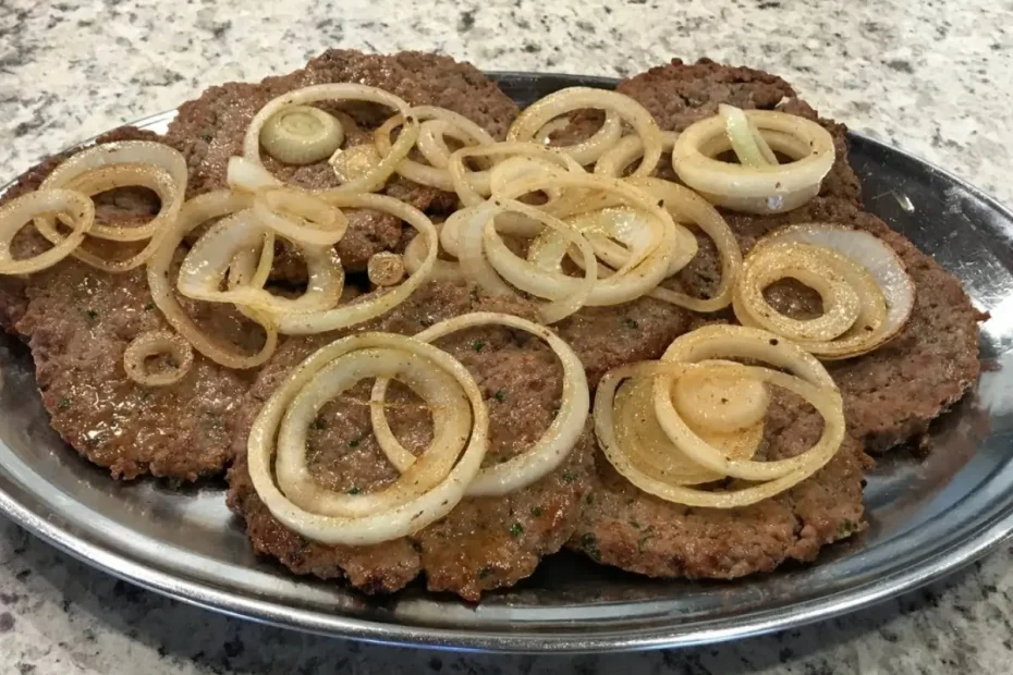 Bifes de carne moida em um prato aluminio com cebolas por cima