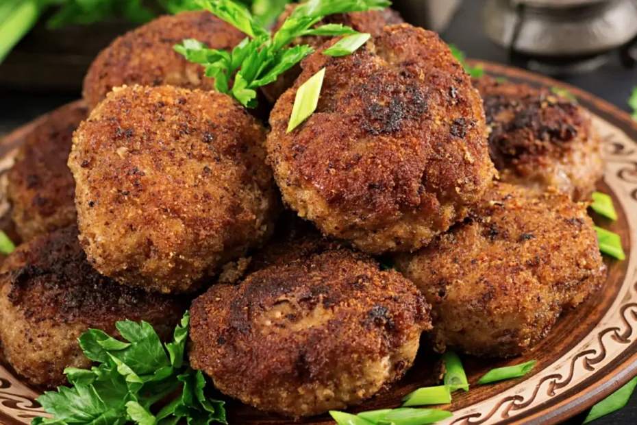 bolinho de carne moída com creme de cebola dentro de uma cumbuca marrom