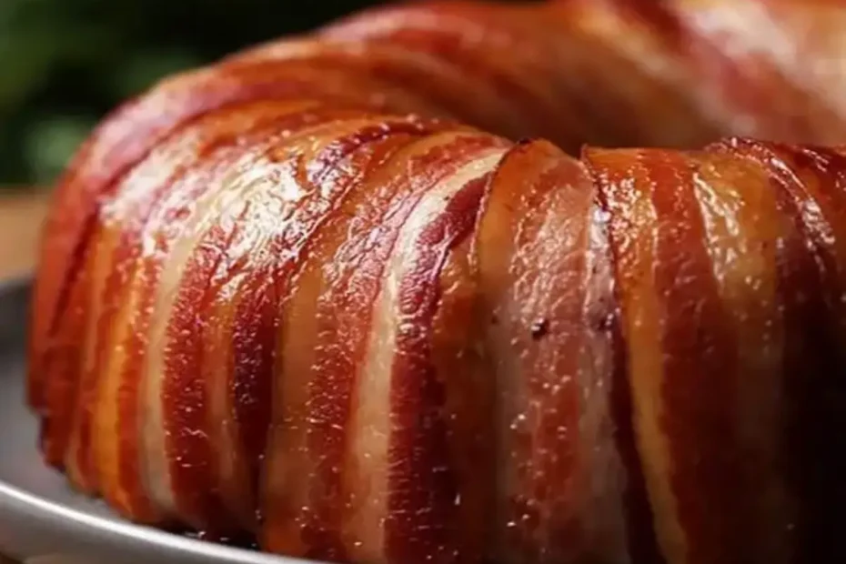 bolo de carne com bacon sobre um prato branco