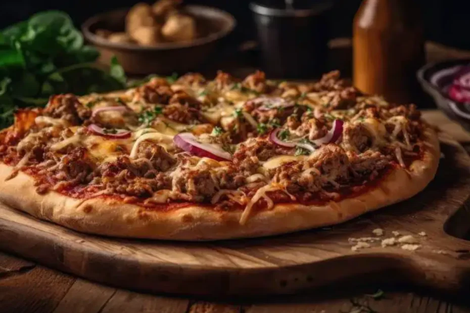 pizza com carne moída sobre uma tabua de corte com alguns ingredientes ao fundo.