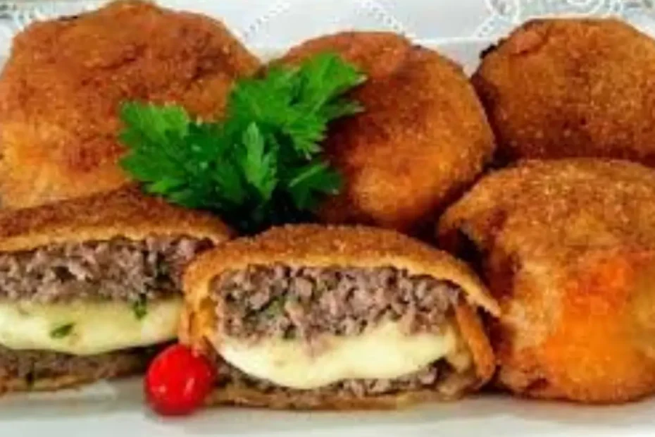 bolinhos de carne moída um partido ao meio onde deixa amostra o queijo