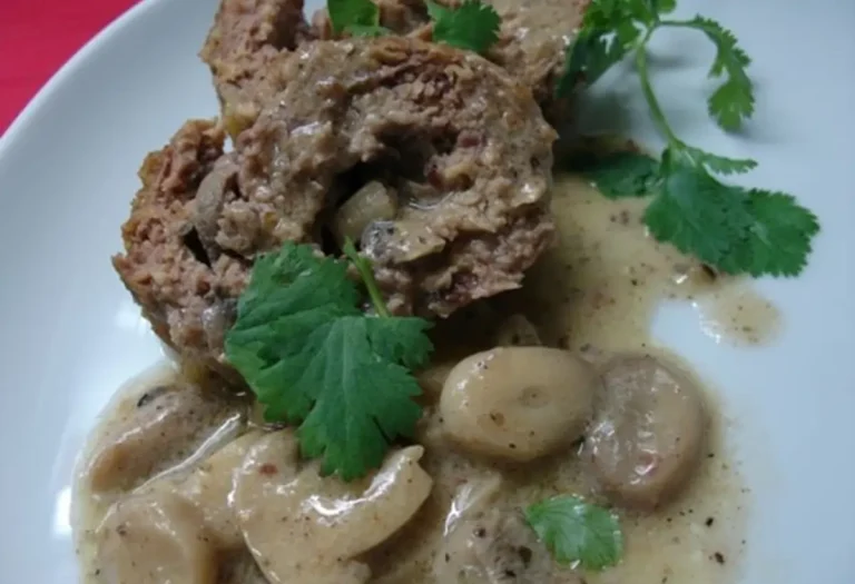 rolo de carne recheado com cogumelos sobre um prato na cor branca