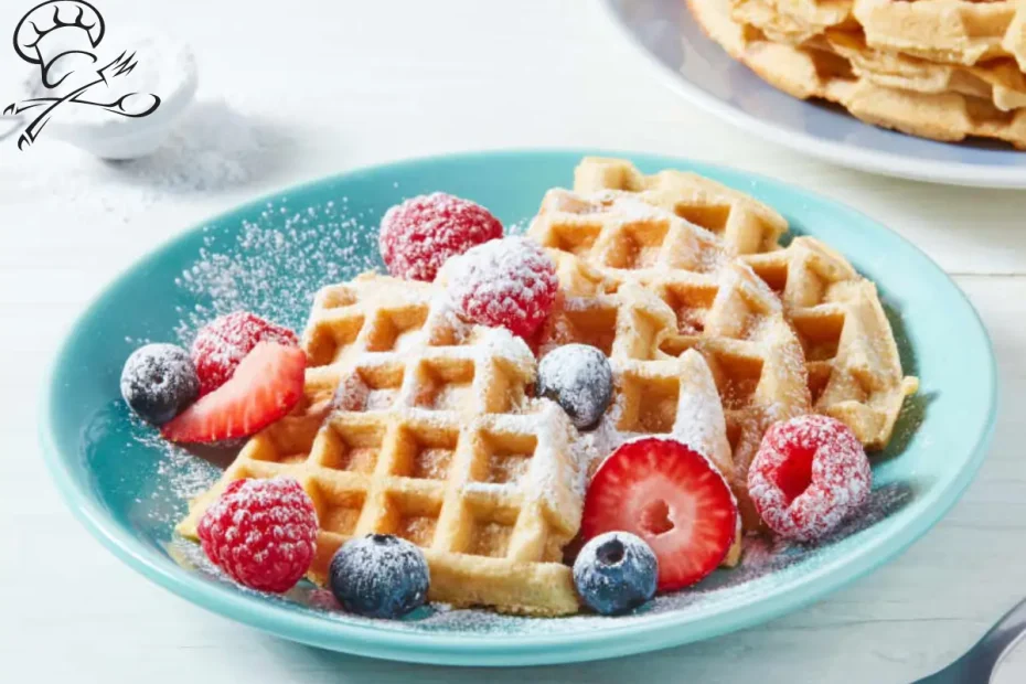 waffles sobre um prato na cor azul acompanhado de frutas vermelhas