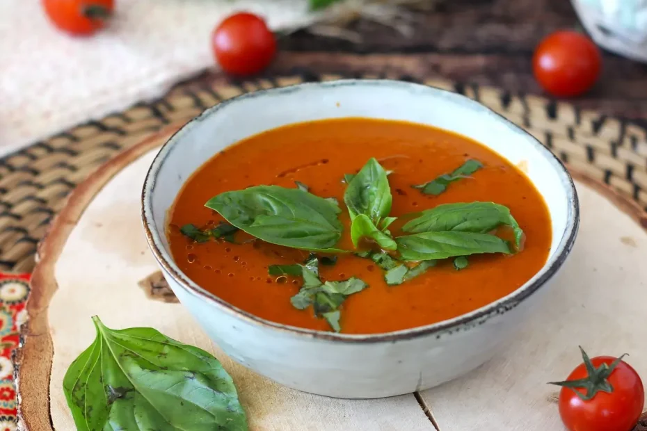 sopa de tomate em uma cumbuca na cor branca com alguns tomates em volta da tigela