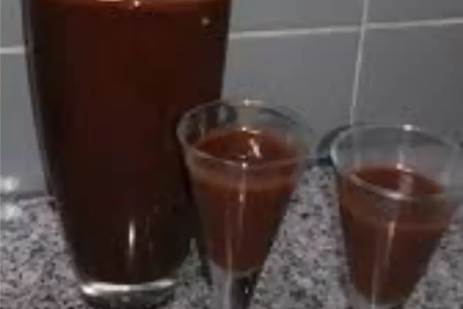 uma garrafa com duas taças pequenas na frente com licor de chocolate